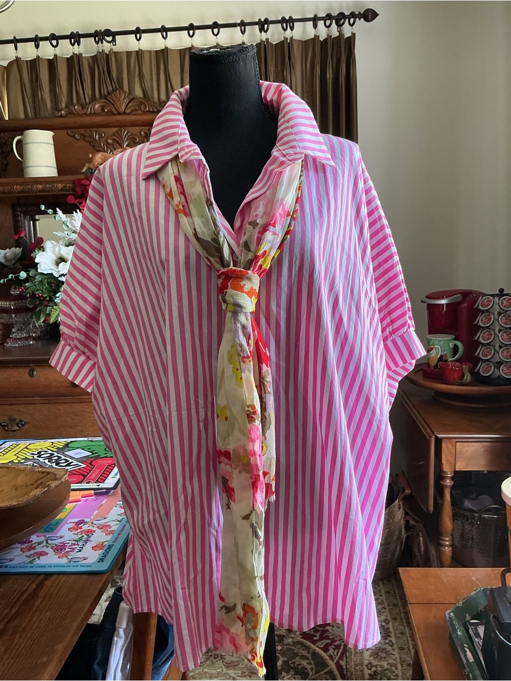 Pink Striped Women’s Button-Down Shirt with Scarf XL